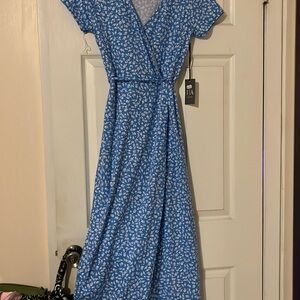 Blue Floral Cotton Long Wrap Dress